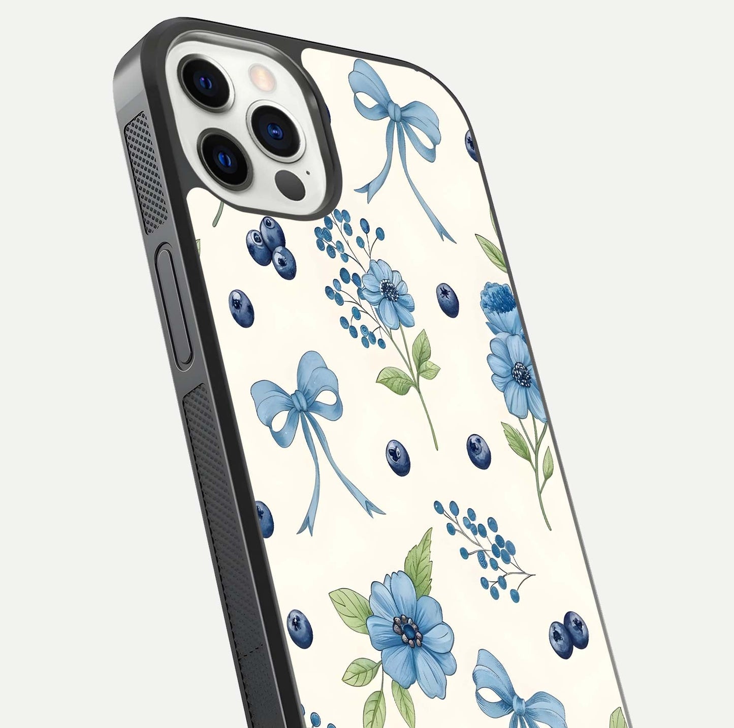 Blue Flower & Bow Glass Case for iPhone 12 Pro close-up shot highlighting ribbon detail and flower gloss finish