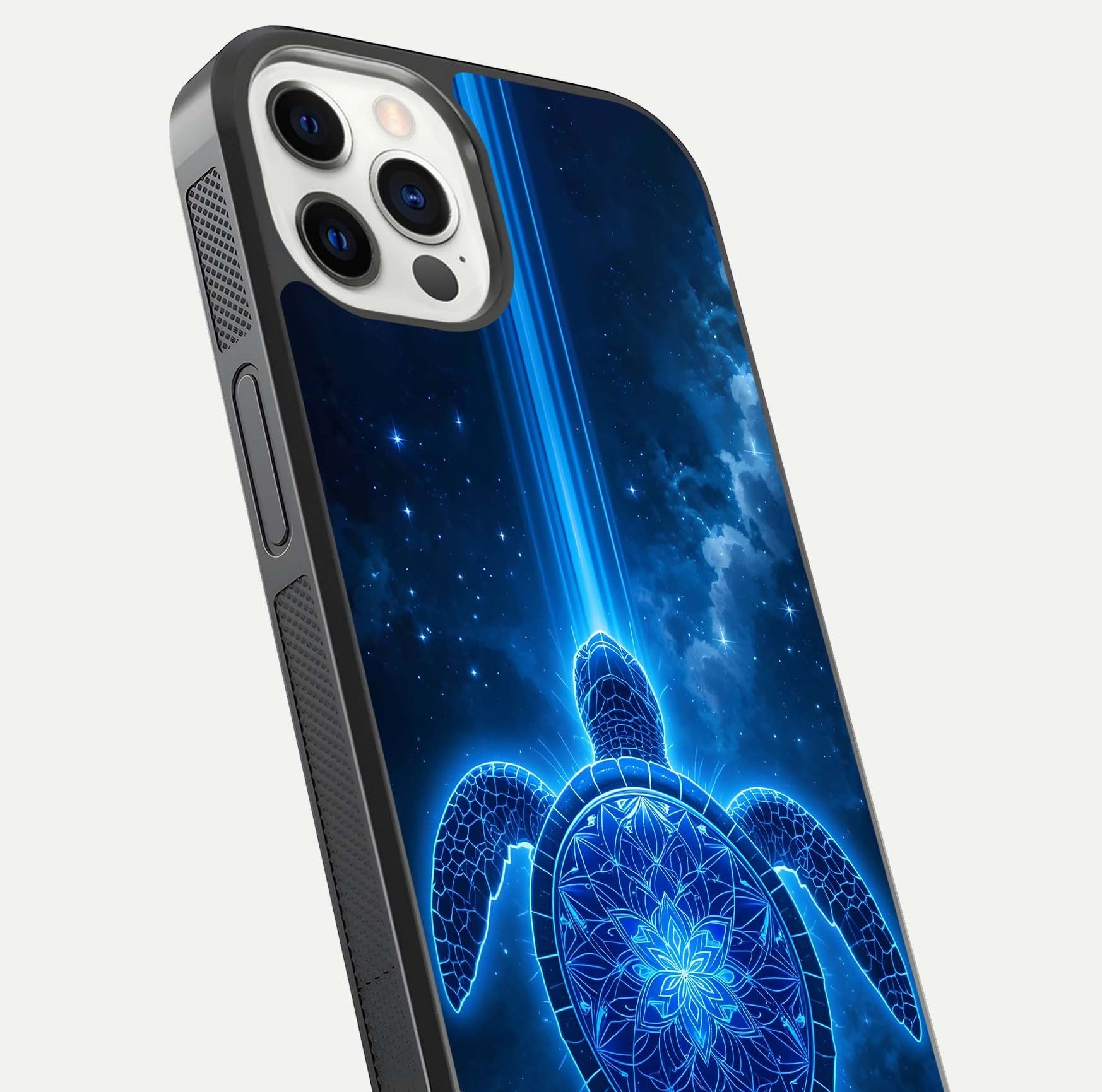 Blue Galaxy Turtle Glass Case for iPhone 12 Pro close-up image showing turtle shell detail and glowing galaxy tones
