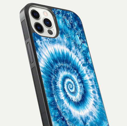 Blue Galaxy Wave Glass Case for iPhone 12 Pro close-up highlighting fluid wave motion and deep-blue reflection