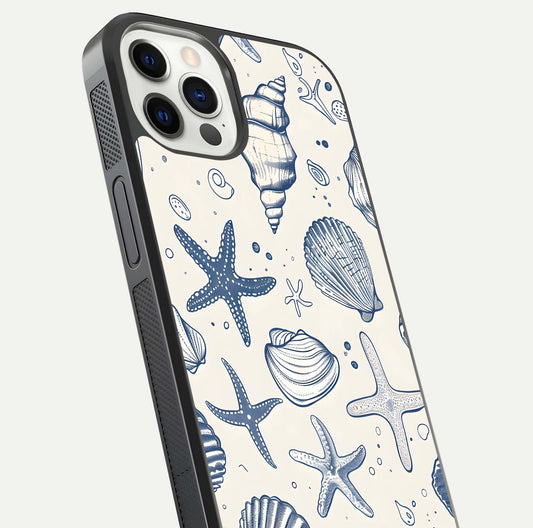 Blue Ocean Outline Glass Case for iPhone 12 Pro close-up shot highlighting line art details and reflection texture