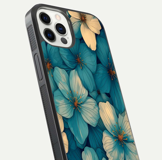 Blue Shade Floral Glass Case for iPhone 12 Pro close-up angle showing flower print precision and reflection