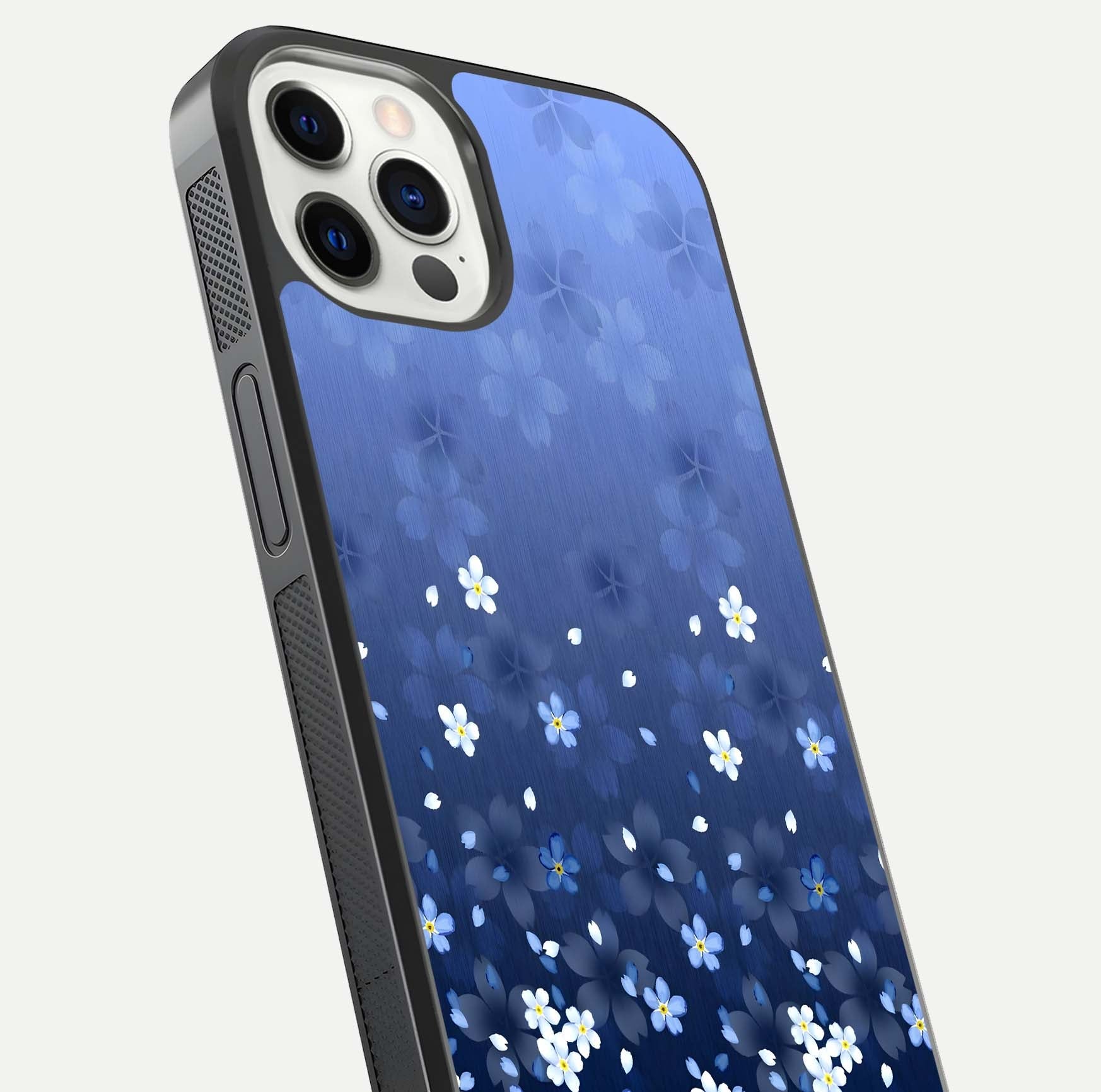 Blue Starry Glass Case for iPhone 12 Pro close-up image highlighting sparkle details and midnight blue gradient