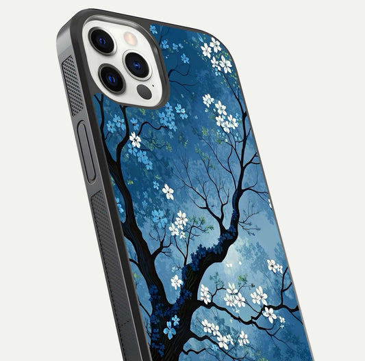 Blue Tree Serenity Glass Case for iPhone 12 Pro close-up view highlighting tree branches and reflection gloss