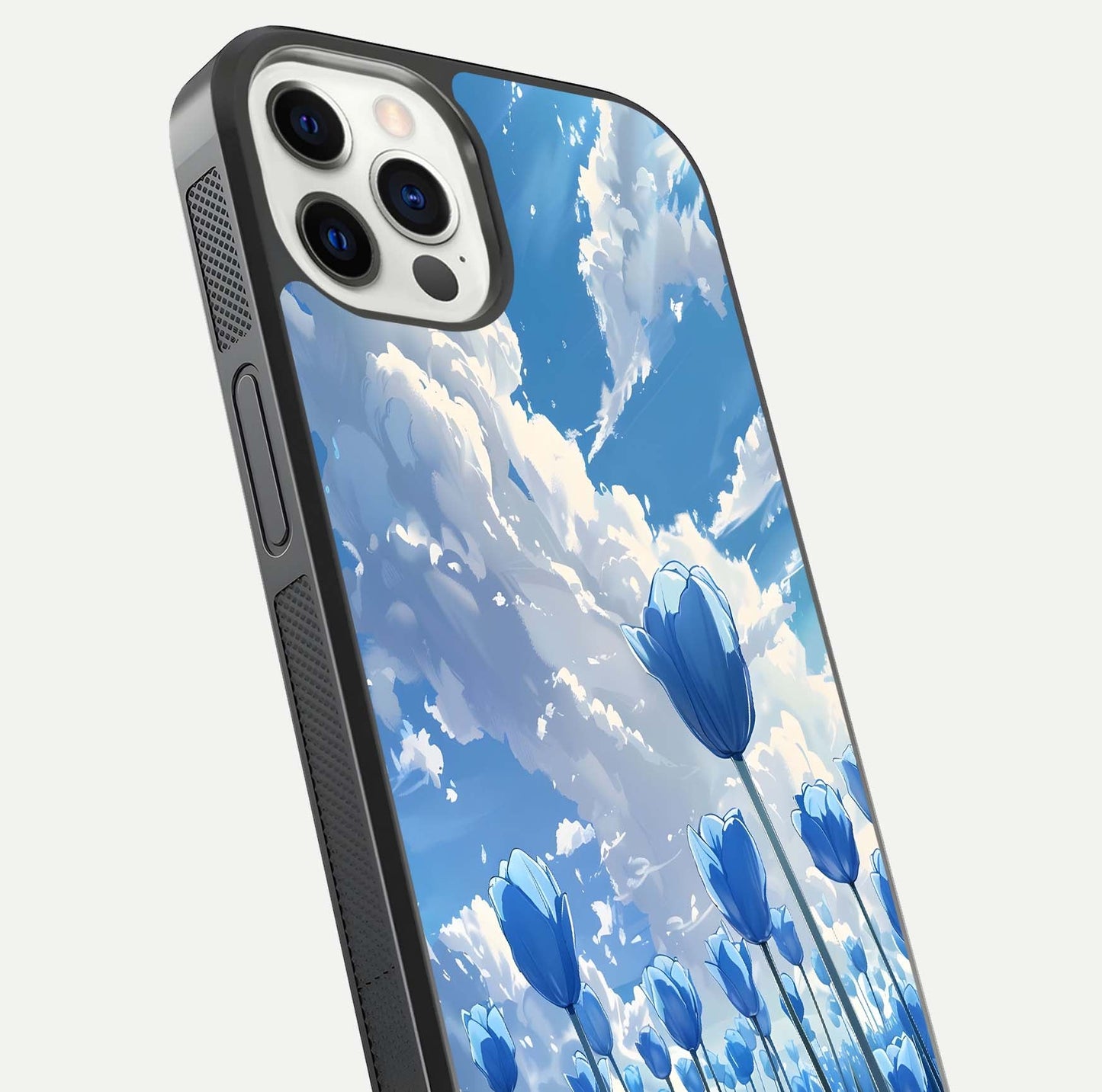 Blue Tulip Clouds Glass Case for iPhone 12 Pro close-up image highlighting tulip petals, clouds, and reflection texture