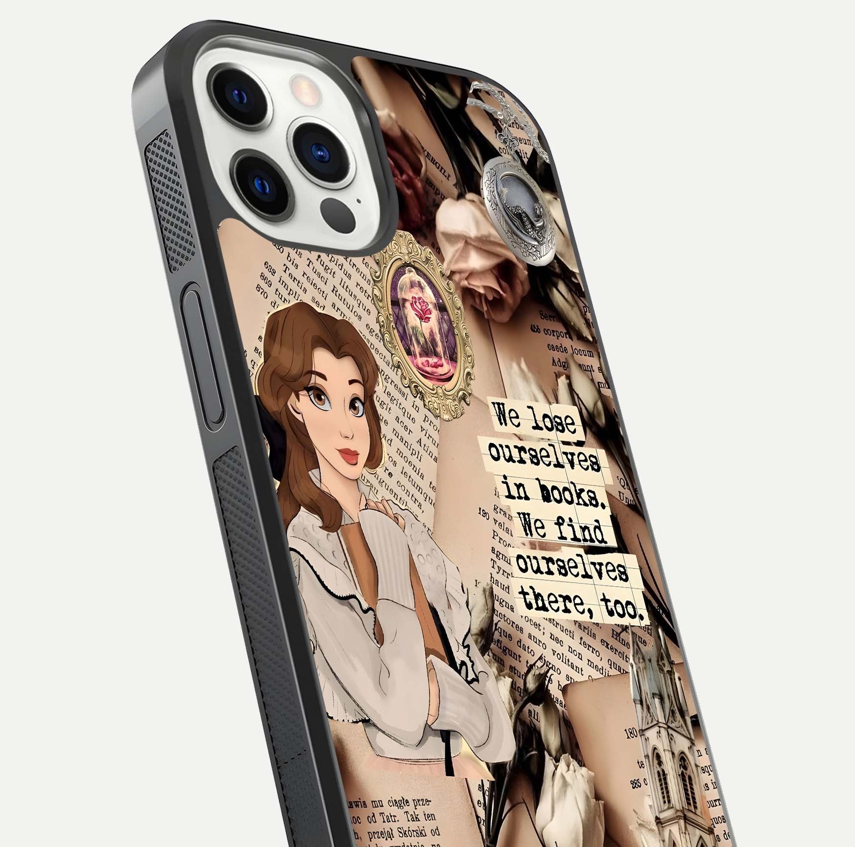 Bookish Dream World Glass Case for iPhone 12 Pro close-up shot highlighting book elements and reflection gloss
