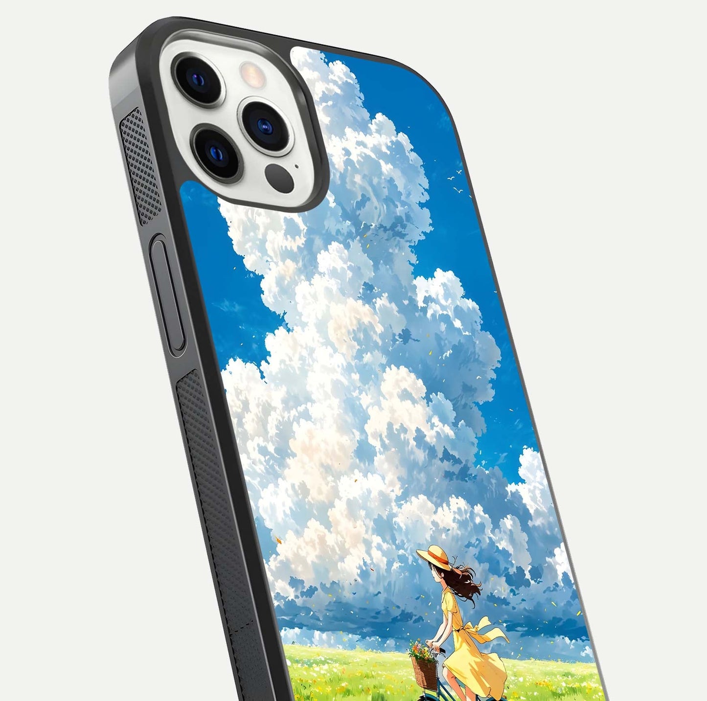 Breezy Meadow Ride Glass Case for iPhone 12 Pro close-up shot showing flowers and breezy motion texture