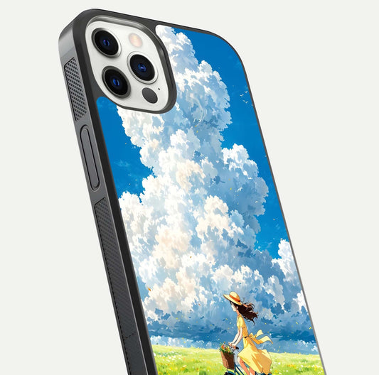 Breezy Meadow Ride Glass Case for iPhone 12 Pro close-up shot showing flowers and breezy motion texture
