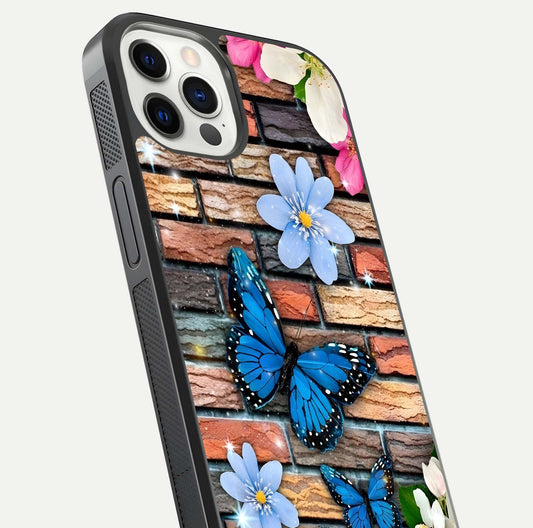 Brick Bloom Flight Glass Case for iPhone 12 Pro close-up angle highlighting flower clusters and reflection detail