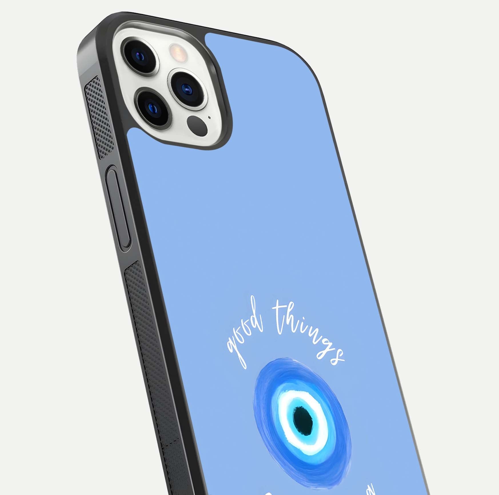 Bright Future Ahead Glass Case for iPhone 12 Pro close-up image highlighting bold quote text and HD reflection