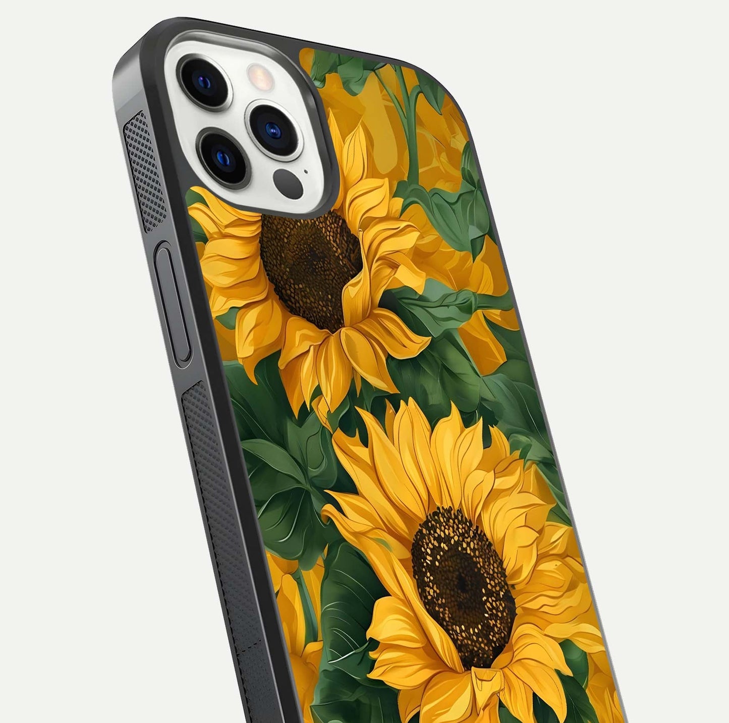 Bright Sunflower Bloom Glass Case for iPhone 12 Pro close-up image highlighting yellow petal detail and HD reflection