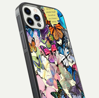 Butterflies Petal Dream Glass Case for iPhone 12 Pro close-up highlighting butterfly wings and pink petal gloss