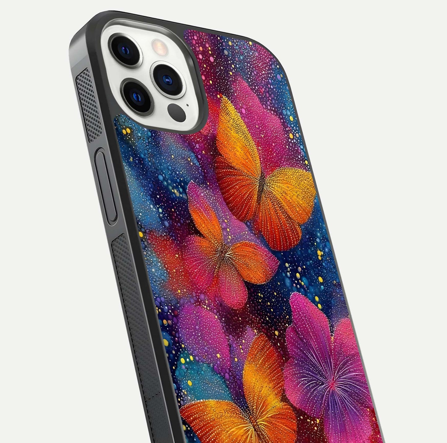 Butterfly Dream Mist Glass Case for iPhone 12 Pro close-up capturing wing pattern detail and glossy finish texture