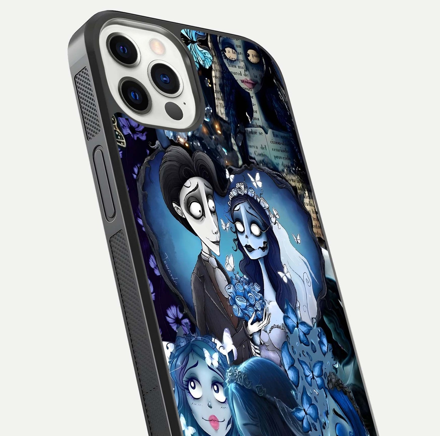 Butterfly Ghost Soul Glass Case for iPhone 12 Pro close-up shot showing ethereal wing patterns and reflection