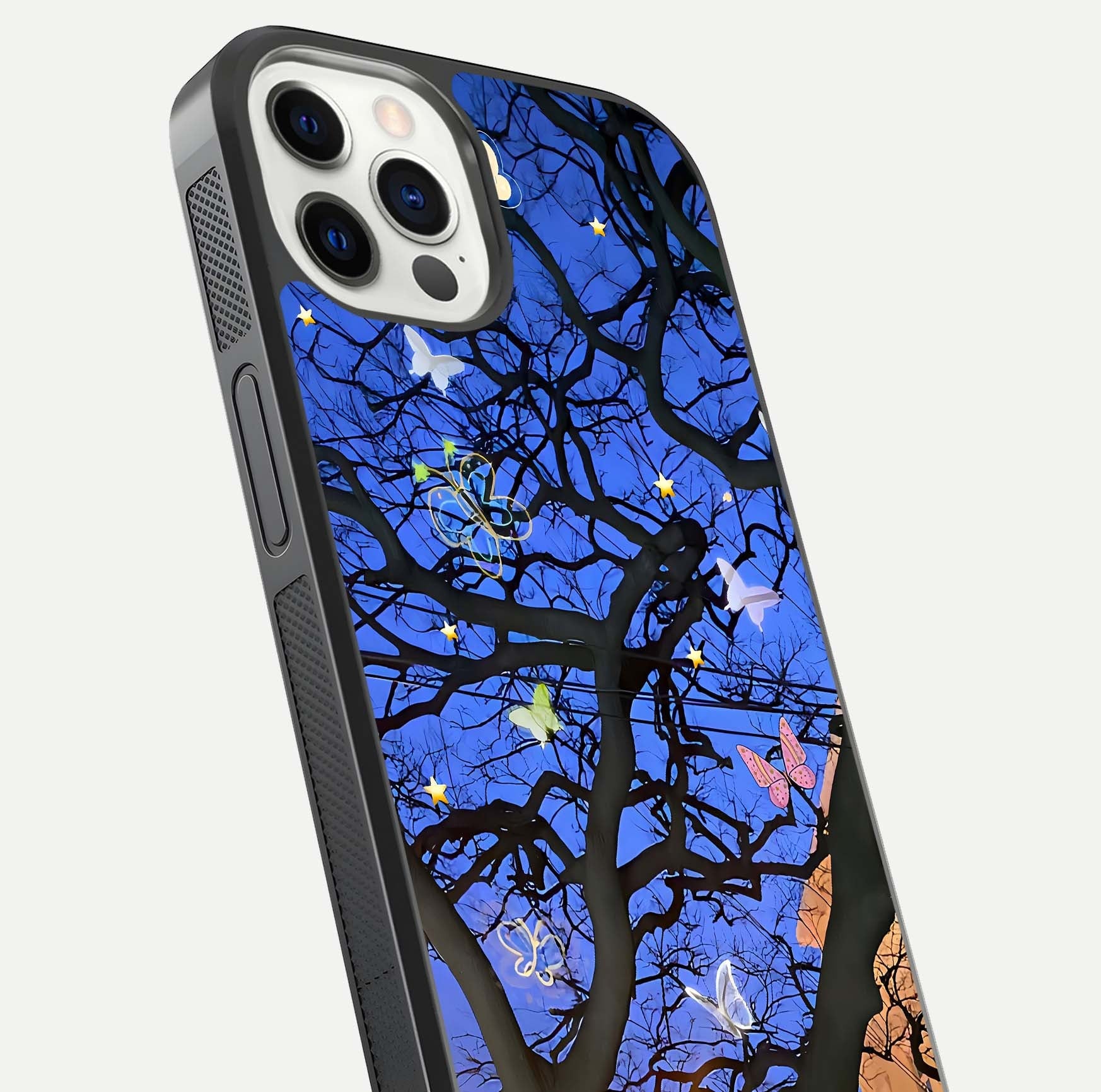 Butterfly Night Magic Glass Case for iPhone 12 Pro close-up highlighting wings reflection and gloss shimmer
