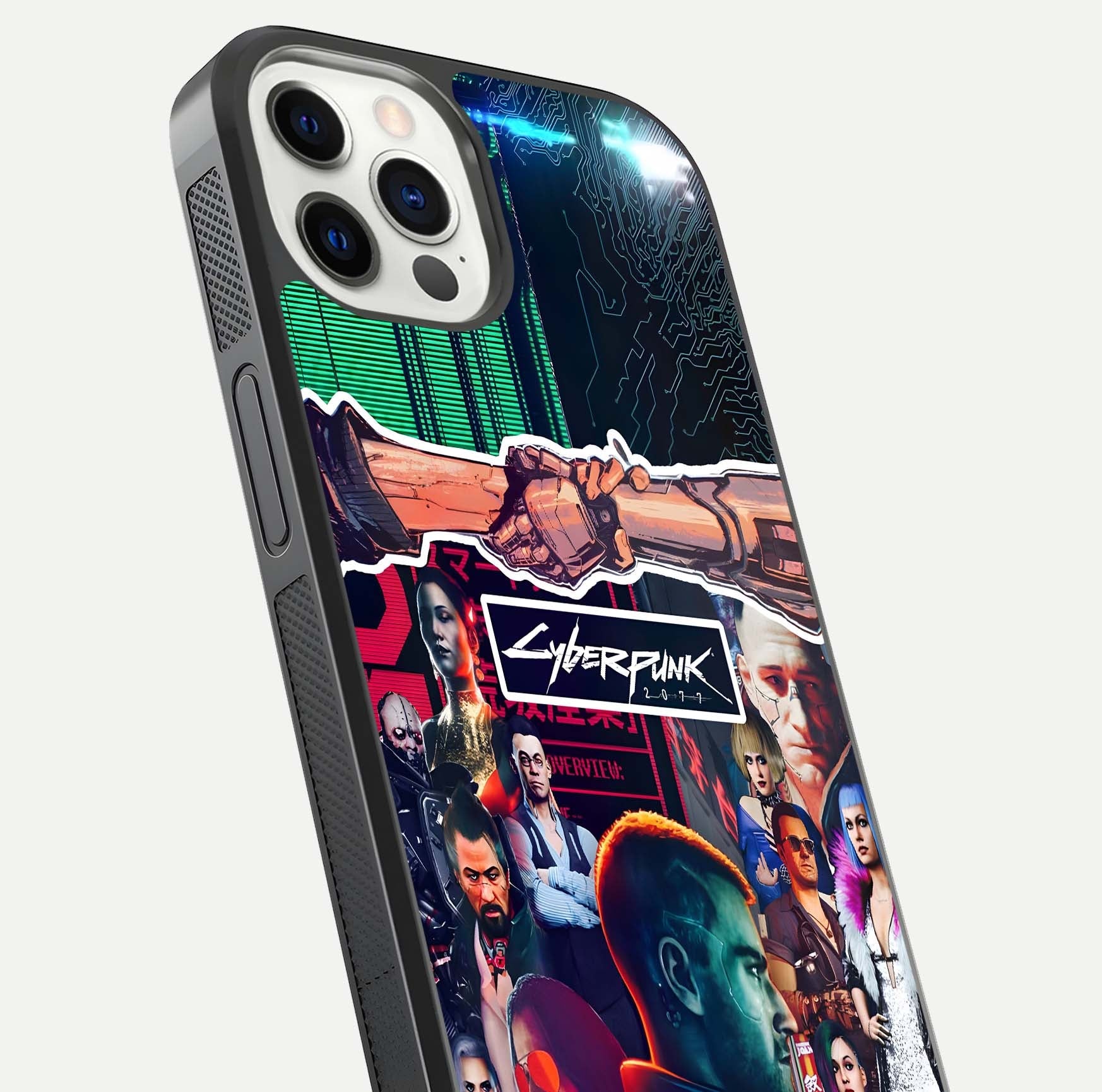 CYBERPUNK Legacy Glass Case for iPhone 12 Pro close-up highlighting circuit texture and reflection tone