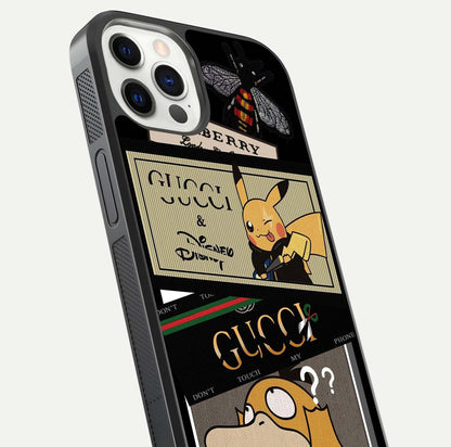 Cartoon Brand Play Mashup Glass Case for iPhone 12 Pro close-up angled shot showing character details and vibrant tones