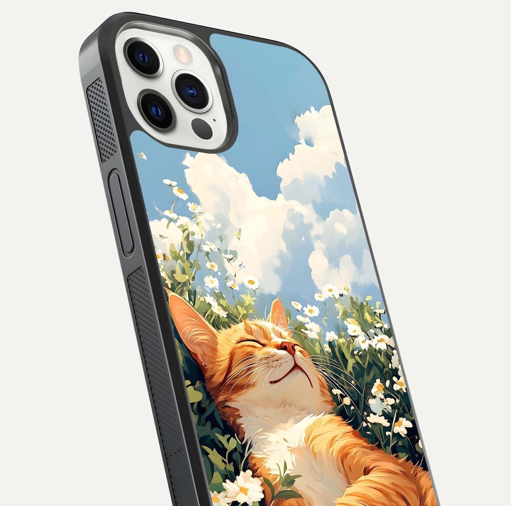 Cat & Flowers View Glass Case for iPhone 12 Pro close-up view highlighting cat expression and petal detail