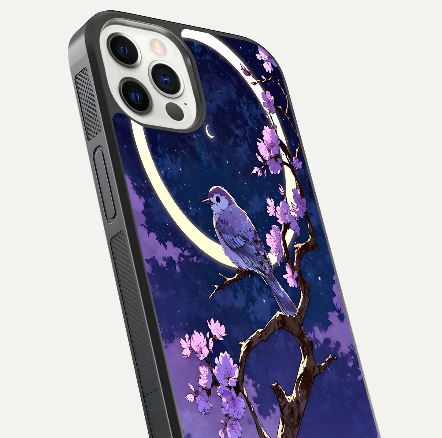 Celestial Bird Blossom Glass Case for iPhone 12 Pro close-up capturing bird detail, petal reflection, and gloss shine