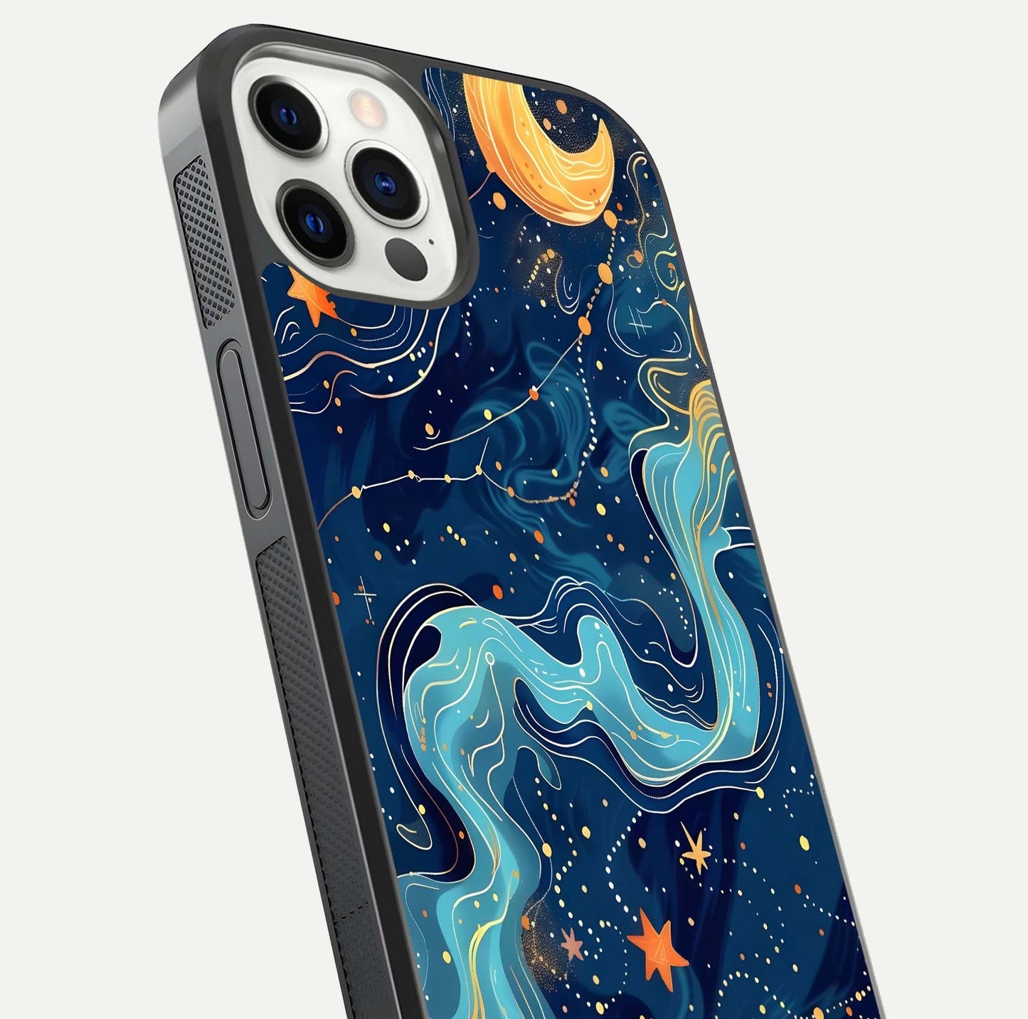 Celestial Dream Flow Glass Case for iPhone 12 Pro close-up highlighting star reflections and smooth glow gradient