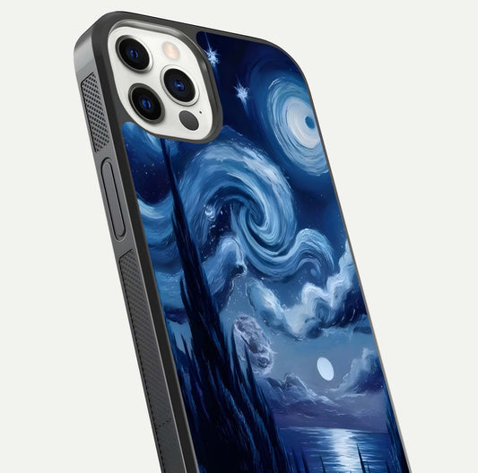 Celestial Dream Van Gogh Glass Case for iPhone 12 Pro close-up view capturing vivid brush details and star reflection