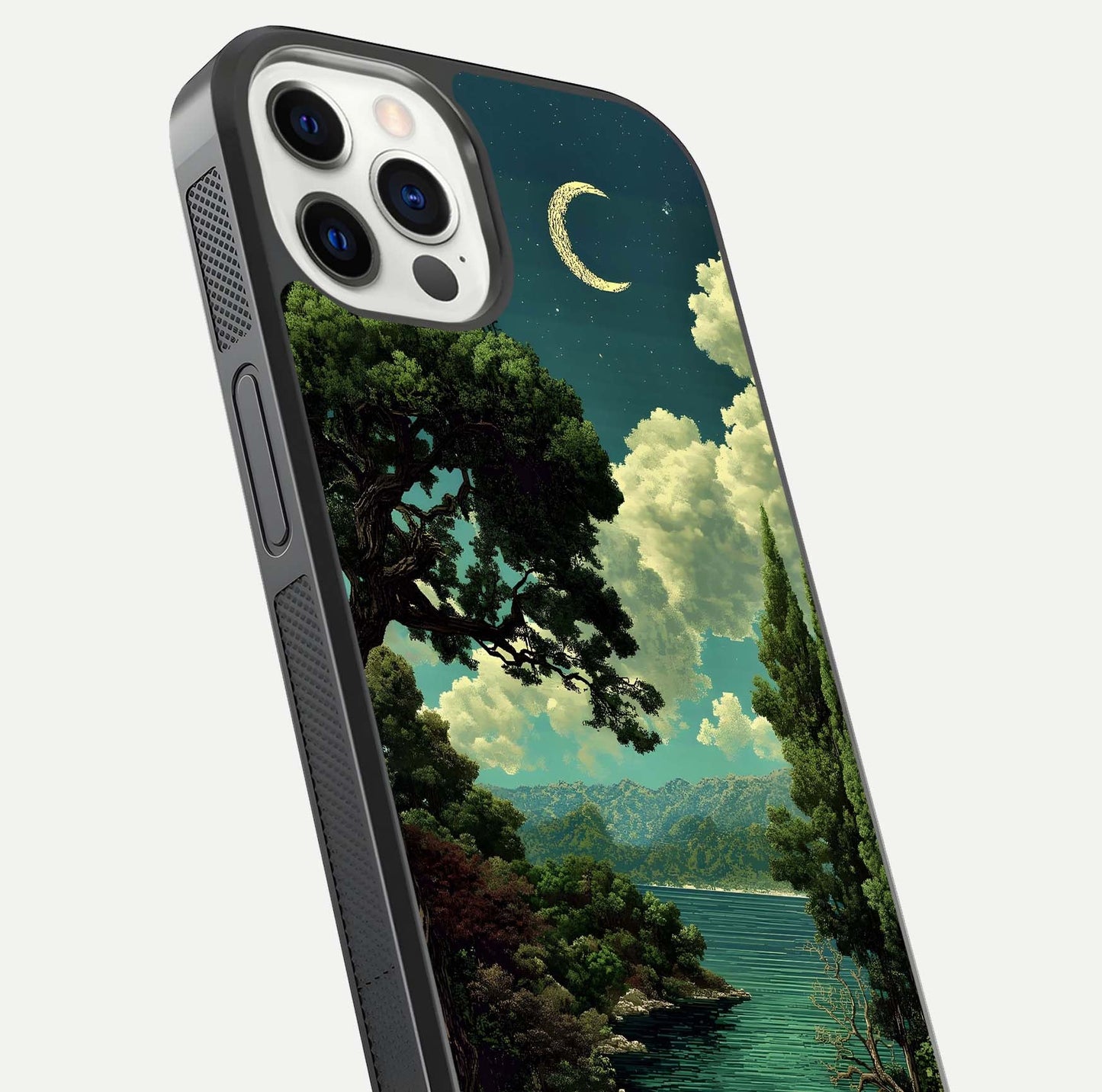 Celestial Lake Peace Glass Case for iPhone 12 Pro close-up highlighting moon reflection and glossy texture