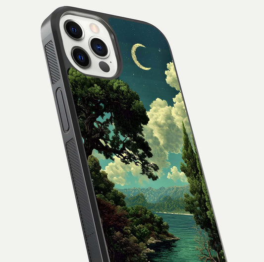 Celestial Lake Peace Glass Case for iPhone 12 Pro close-up highlighting moon reflection and glossy texture
