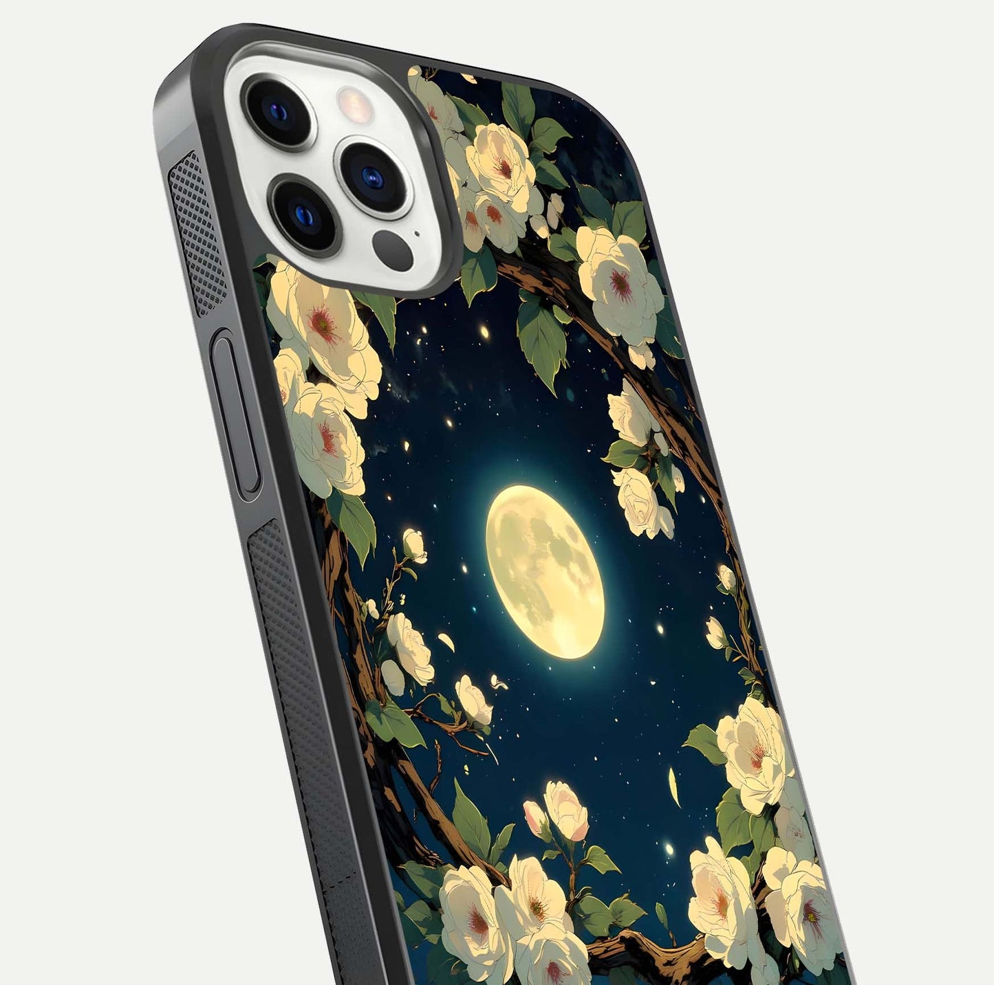 Celestial Moon & Flower Glass Case for iPhone 12 Pro close-up capturing petal reflection and moonlight contrast
