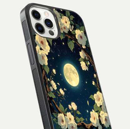 Celestial Moon & Flower Glass Case for iPhone 12 Pro close-up capturing petal reflection and moonlight contrast