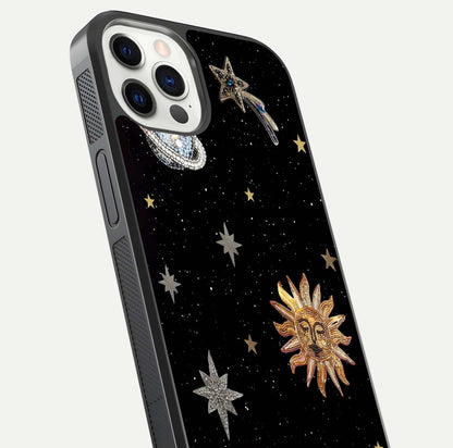 Celestial Moon With Stars Glass Case for iPhone 12 Pro close-up showing cosmic reflection and HD shine