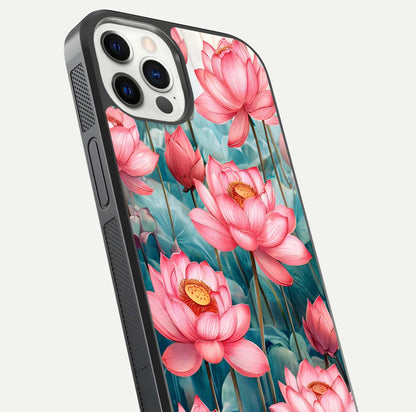Celestial Pink Lotus Glass Case for iPhone 12 Pro close-up highlighting petal detail and HD glass reflection