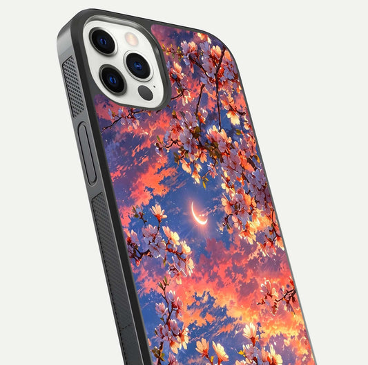 Celestial Sakura Sunset Glass Case for iPhone 12 Pro close-up image highlighting blossom petals and gloss shine