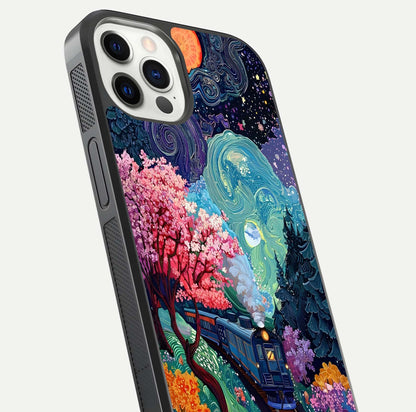 Celestial Train Journey Glass Case for iPhone 12 Pro close-up highlighting train lights, cosmic tones, and reflection detail