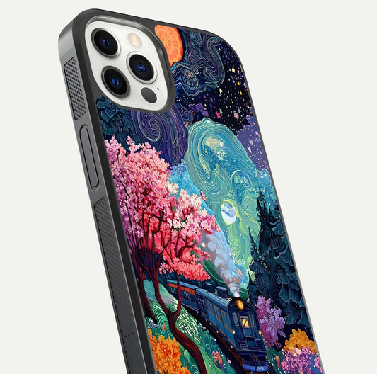 Celestial Train Journey Glass Case for iPhone 12 Pro close-up highlighting train lights, cosmic tones, and reflection detail