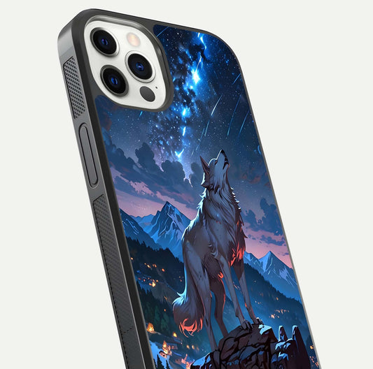 Celestial Wolf Howl Glass Case for iPhone 12 Pro close-up showing wolf silhouette and glowing moon reflection