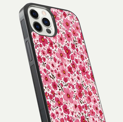 Cherry Blossom Charm Glass Case for iPhone 12 Pro close-up highlighting petal gradient and reflection shine
