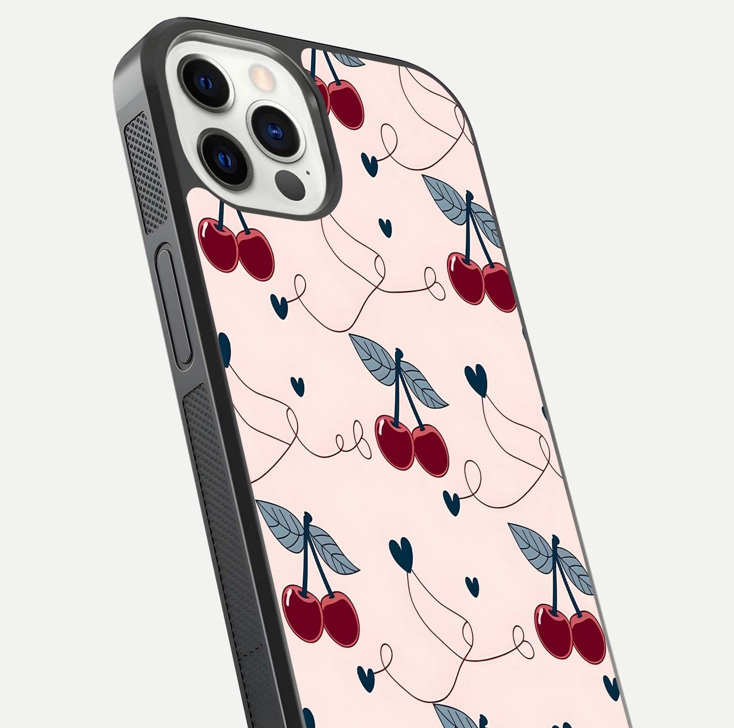 Cherry Heart Line Glass Case for iPhone 12 Mini close-up showing heart outline and HD reflection gloss