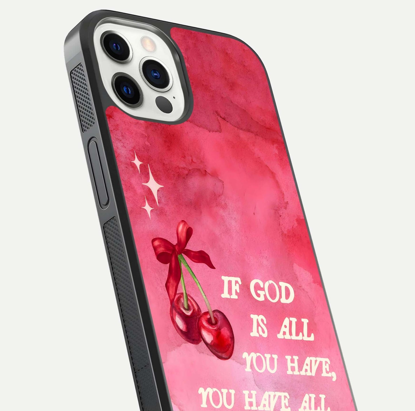 Cherry Quote Glass Case for iPhone 12 Pro close-up showing printed quote detail and HD reflection gloss