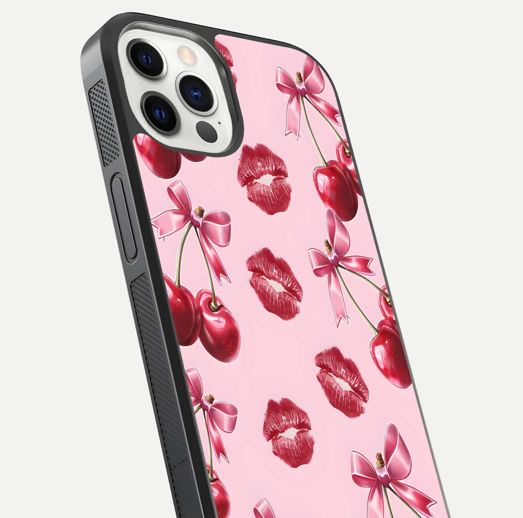Cherry With Lips Glass Case for iPhone 12 Pro close-up view highlighting lips texture and reflection shine
