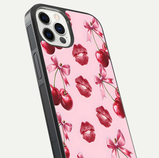 Cherry With Lips Glass Case for iPhone 12 Pro close-up view highlighting lips texture and reflection shine