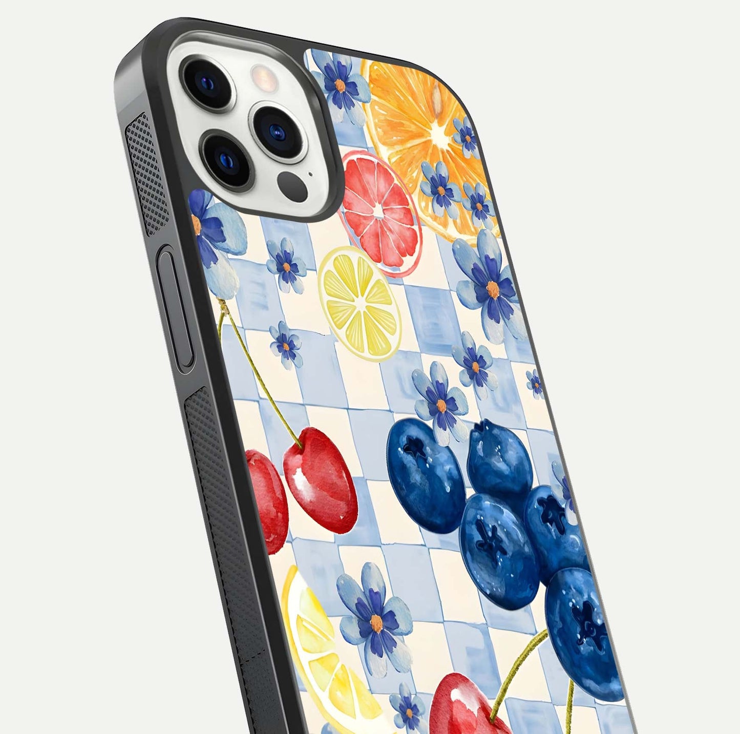 Citrus Bloom Joy Glass Case for iPhone 12 Pro close-up highlighting orange blossoms and reflection detail