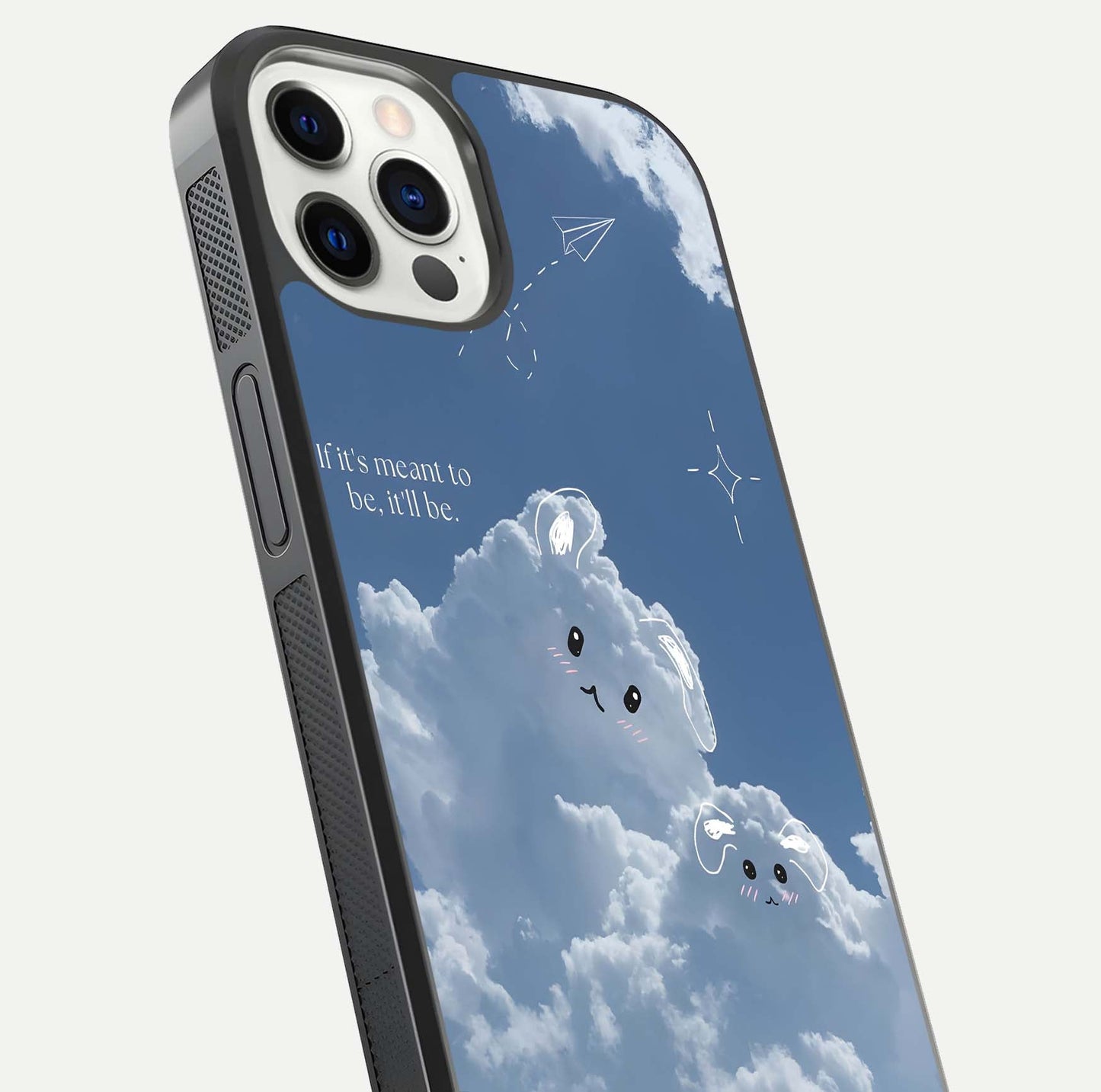 Cloud Bunny Dreams Glass Case for iPhone 12 Pro close-up showing bunny art, dreamy clouds, and HD shine