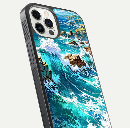 Coastal Blue Waves Glass Case for iPhone 12 Pro close-up highlighting wave texture and blue shine