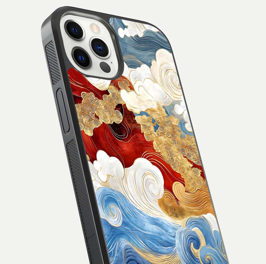 Colored Waves Glass Case for iPhone 12 Pro close-up angled shot highlighting gradient flow and light reflection