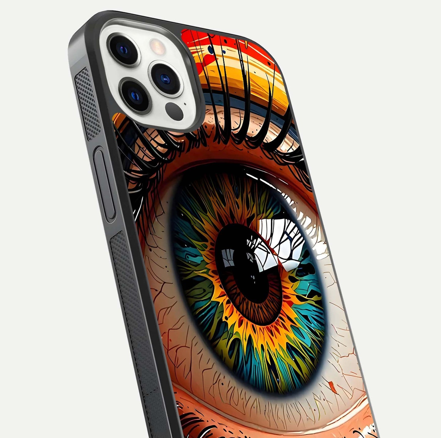 Colorful Eye Glass Case for iPhone 12 Pro close-up highlighting eye pattern detail and reflection shine