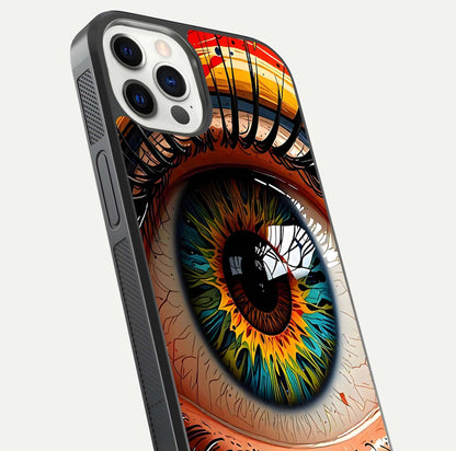 Colorful Eye Glass Case for iPhone 12 Pro close-up highlighting eye pattern detail and reflection shine