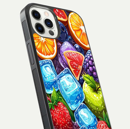 Colorful Fruits with Ice Glass Case for iPhone 12 Pro close-up highlighting fruit color and reflection glow