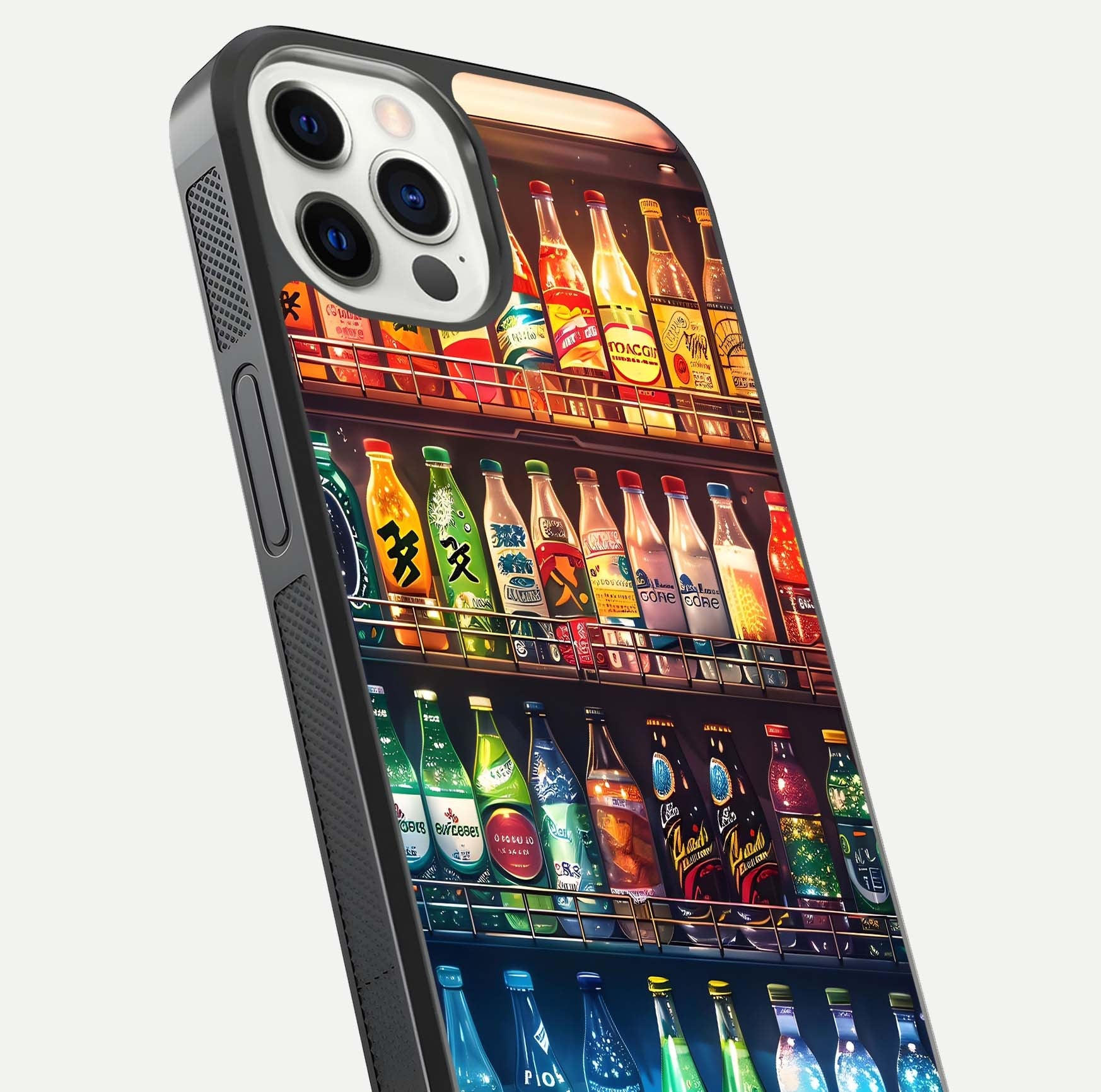Colorful Soda Bottles Glass Case for iPhone 12 Pro close-up showing colorful bottles and HD reflection