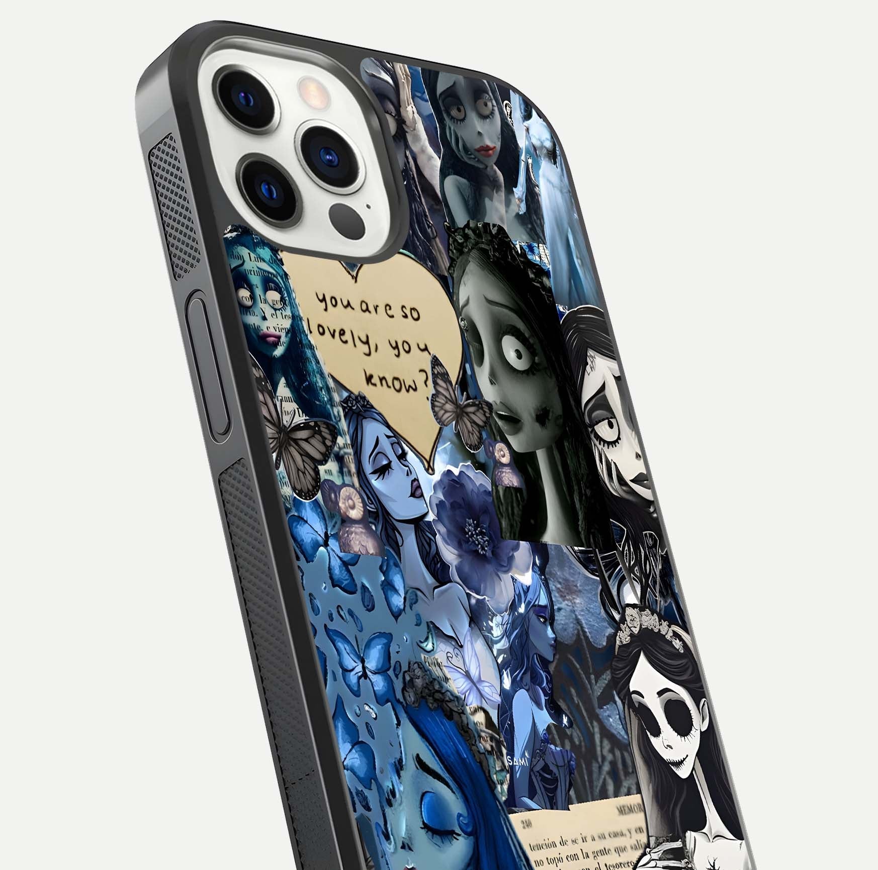 Corpse Bride Posters Glass Case for iPhone 12 Pro close-up highlighting detailed artwork and reflection polish