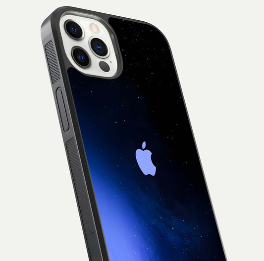Cosmic Blue Apple Glass Case for iPhone 12 Pro close-up highlighting galaxy pattern, shine, and reflection detail