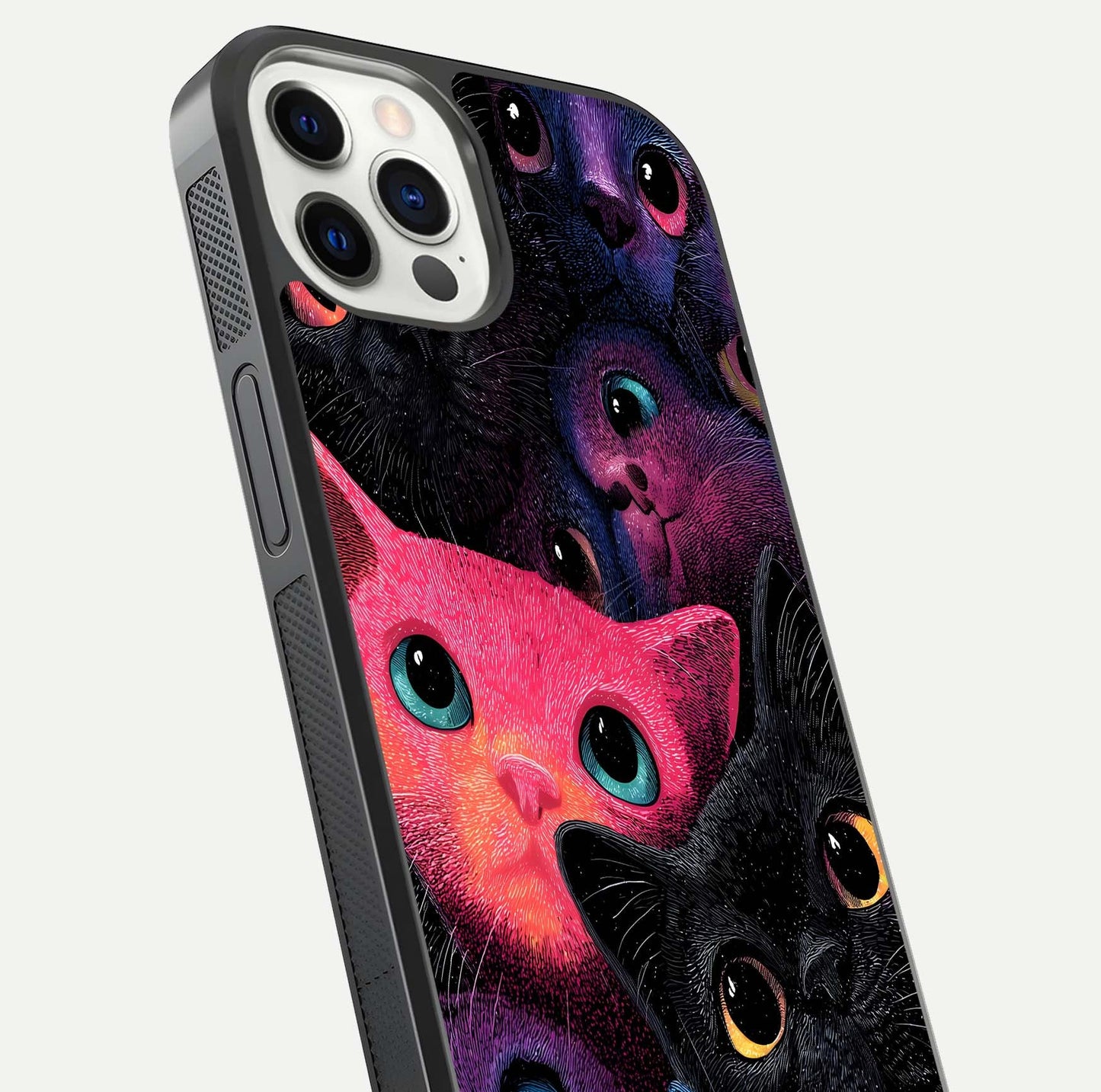 Cosmic Cats Dreams Glass Case for iPhone 12 Pro close-up highlighting cats and cosmic glow reflection